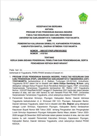 Pemerintah Kalurahan Srimulyo Tandatangani MoU dengan Universitas Sarjanawiyata Tamansiswa