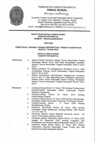 Penetapan Karang Taruna Srimulyo Sebagai Karang Taruna Berprestasi Tingkat Kabupaten Bantul TA 2023