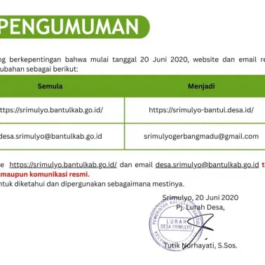Pengumuman: Perubahan Website dan Email Resmi Desa Srimulyo