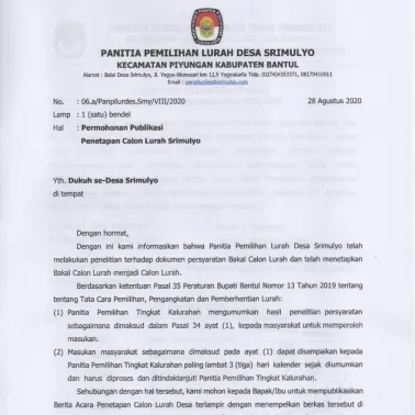 Publikasi Penetapan Calon Lurah Srimulyo